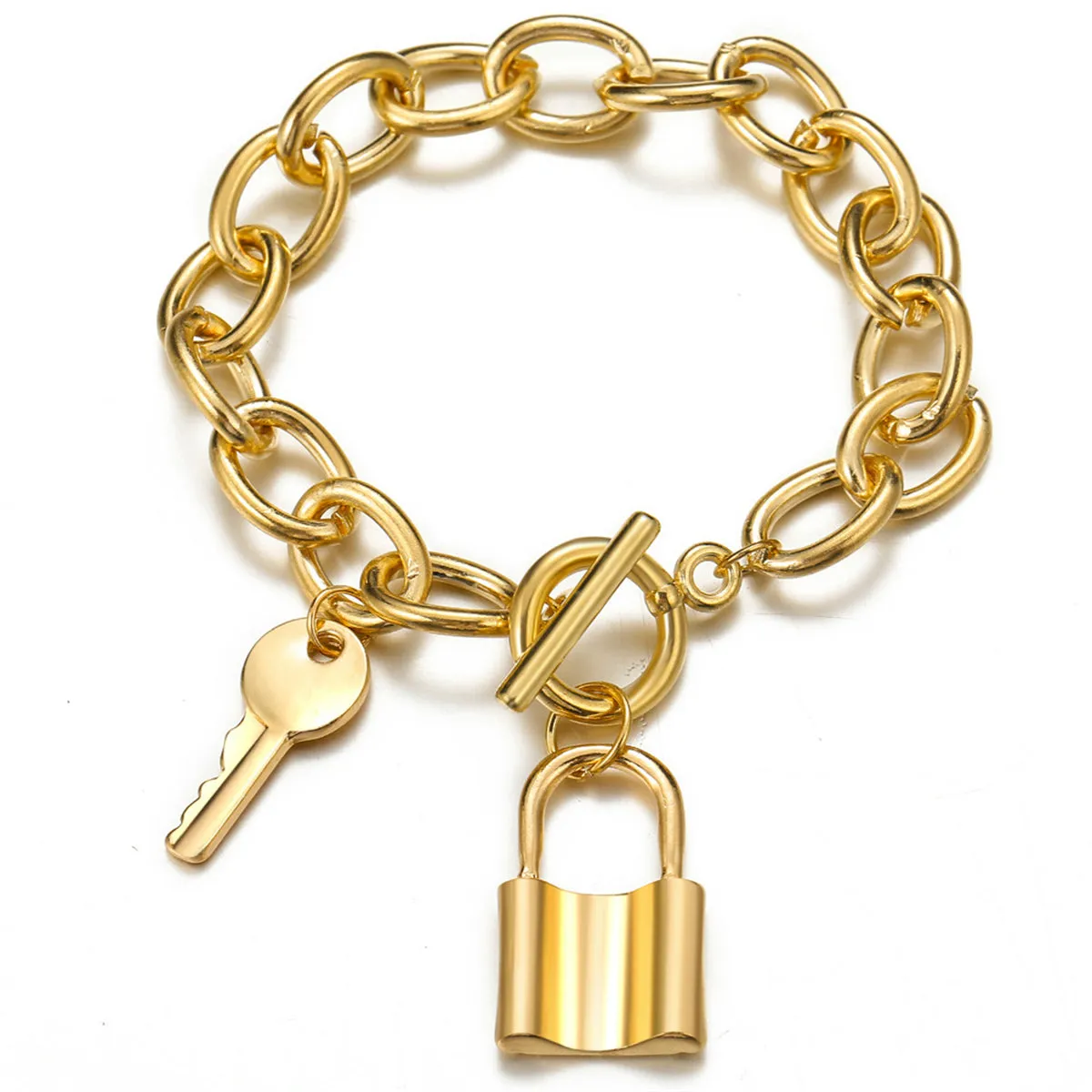 18K Gold-Plated Cable Chain Key Lock Toggle Charm Bracelet