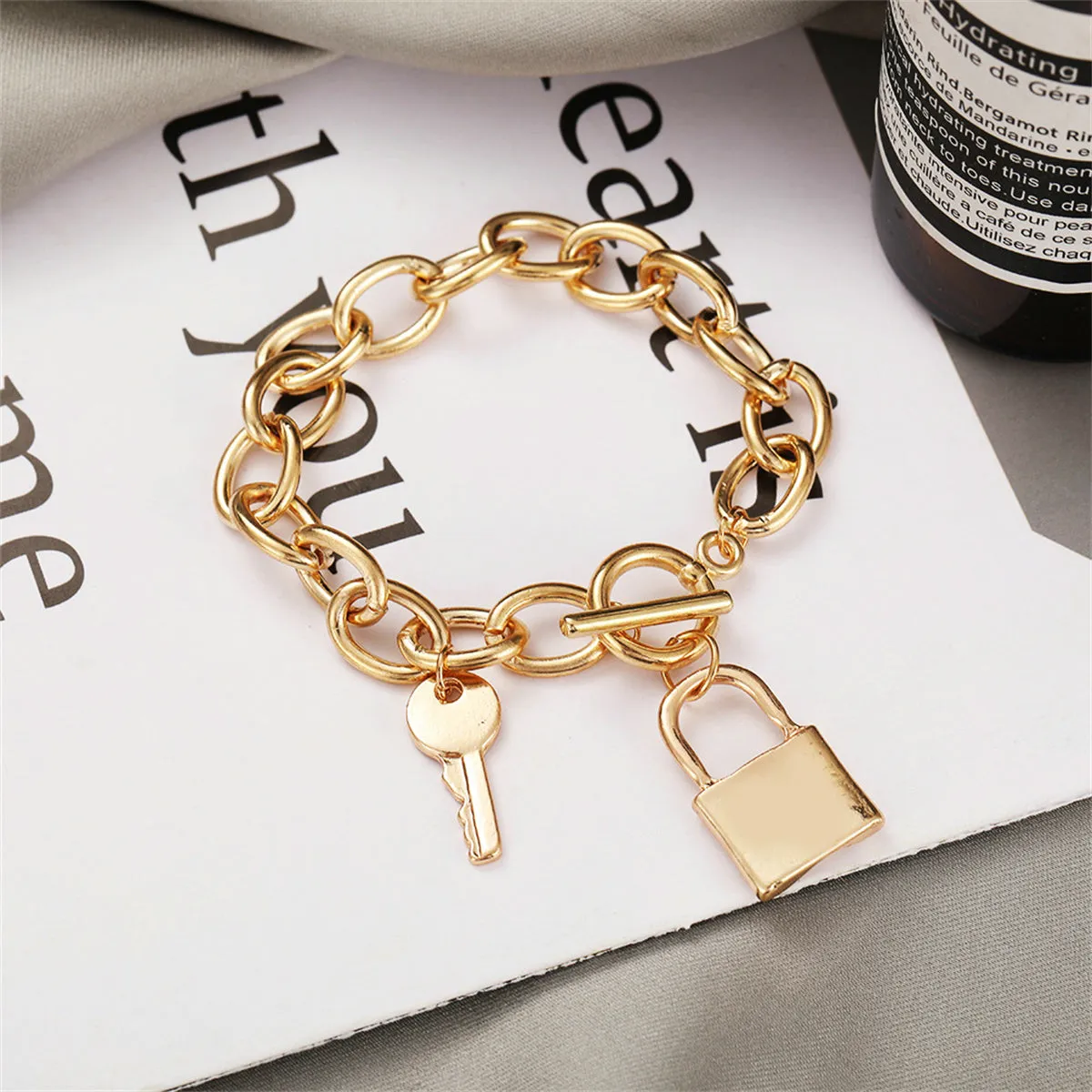 18K Gold-Plated Cable Chain Key Lock Toggle Charm Bracelet