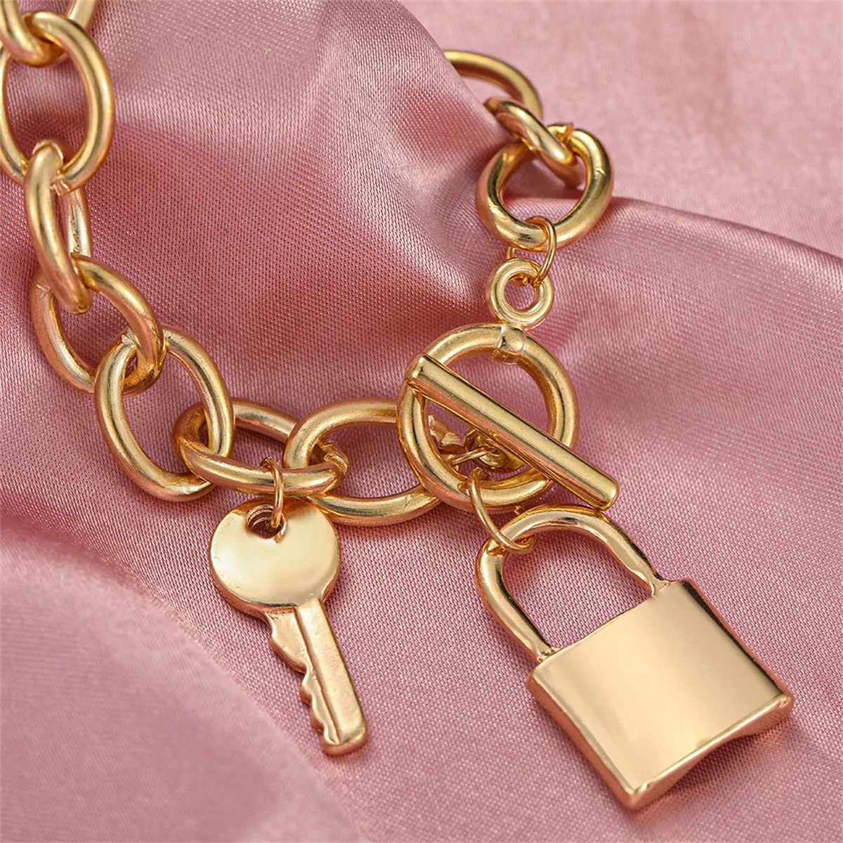 18K Gold-Plated Cable Chain Key Lock Toggle Charm Bracelet