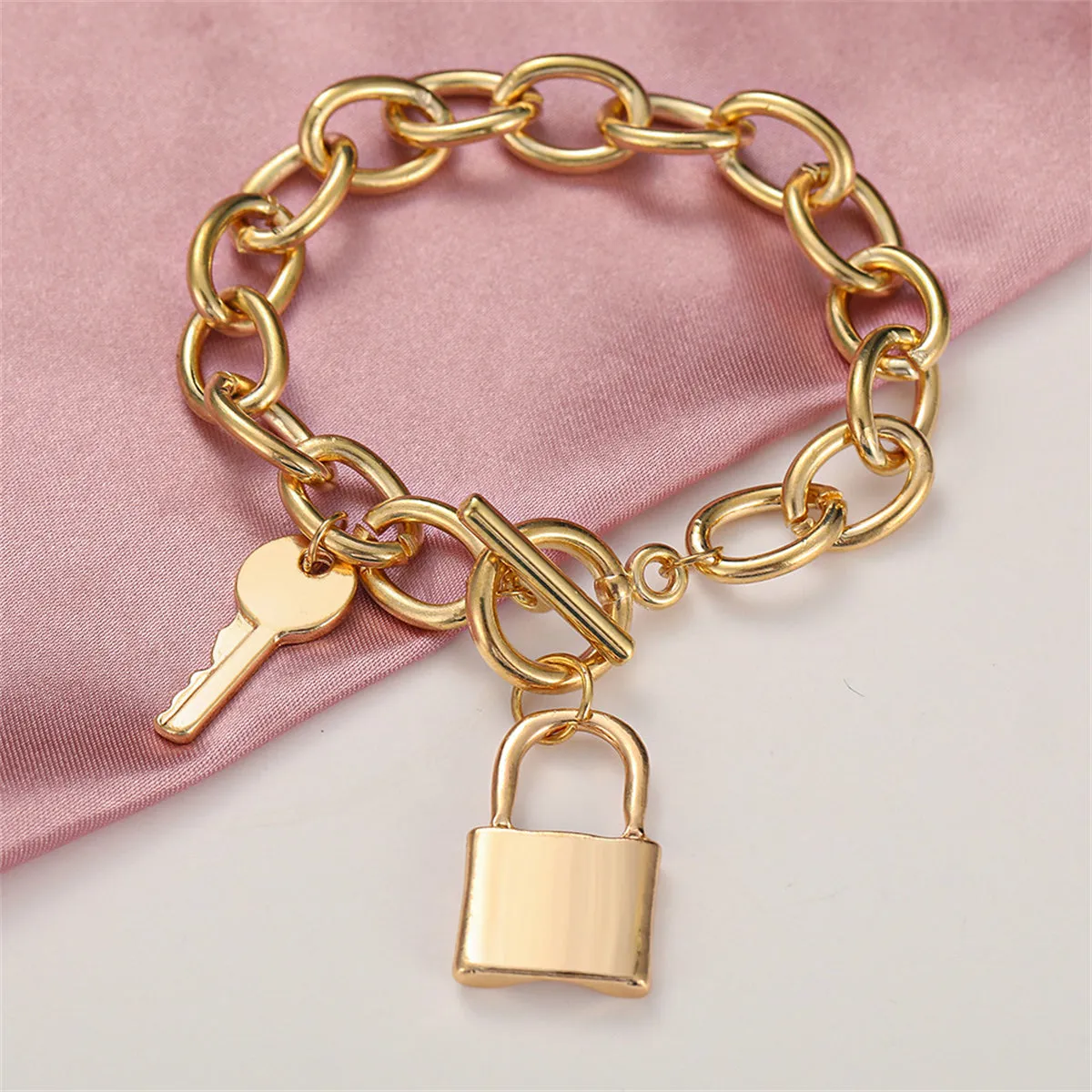 18K Gold-Plated Cable Chain Key Lock Toggle Charm Bracelet
