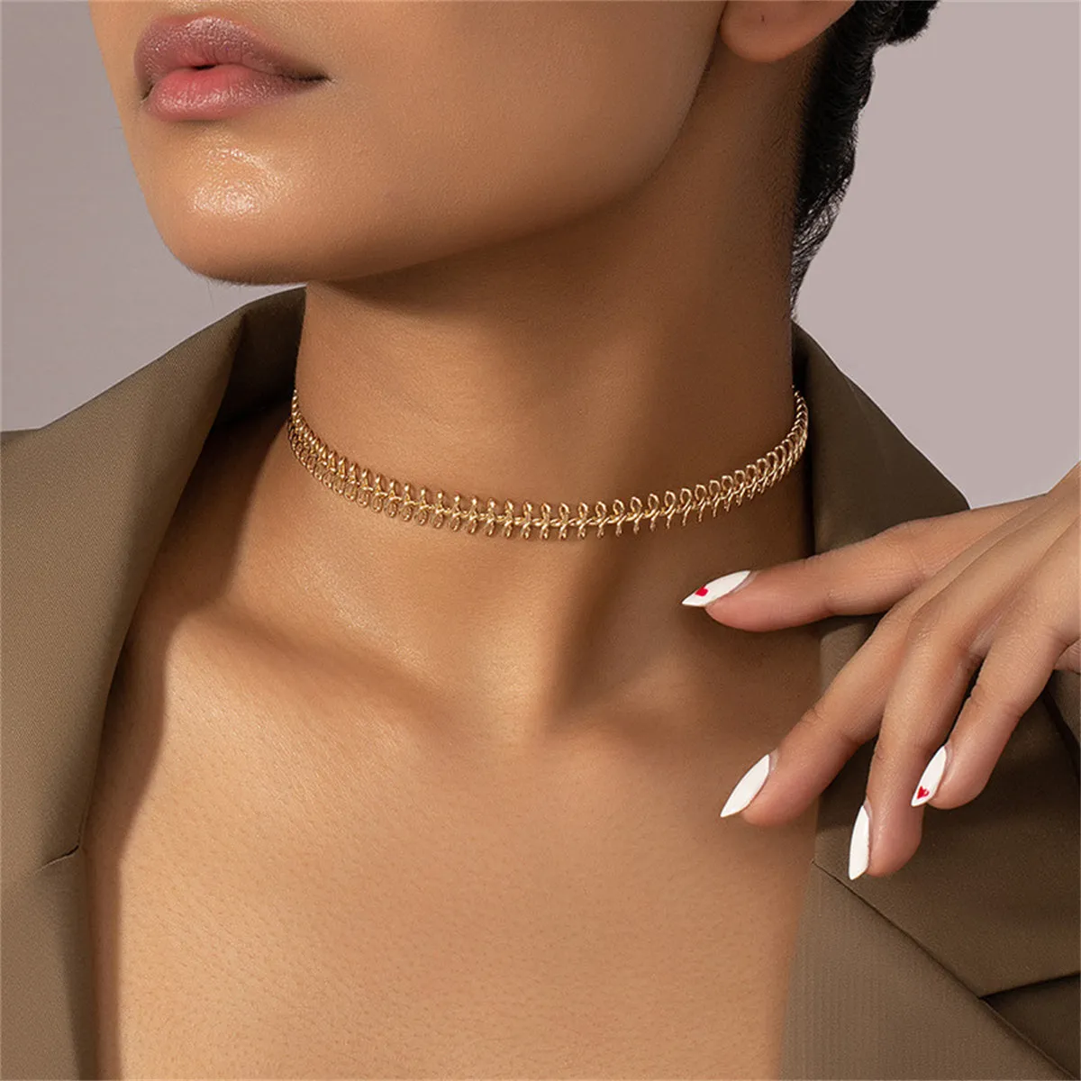 18K Gold-Plated Fishbone Choker Necklace