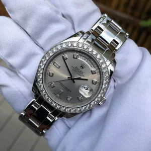 1999 Rolex Pearlmaster 18946 Platinum 39mm Rhodium Serti Diamond Day Date Wristwatch Box & Papers
