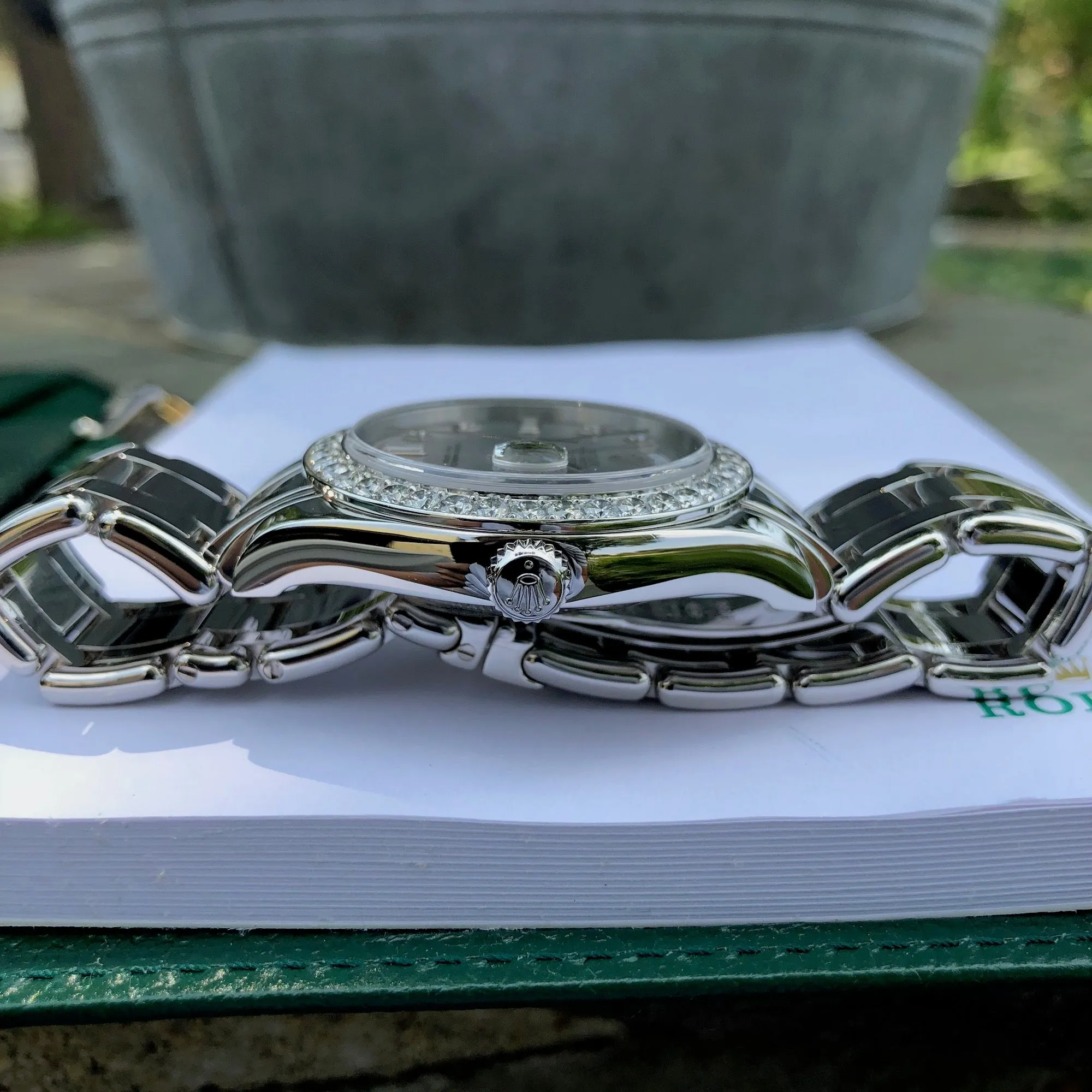 1999 Rolex Pearlmaster 18946 Platinum 39mm Rhodium Serti Diamond Day Date Wristwatch Box & Papers