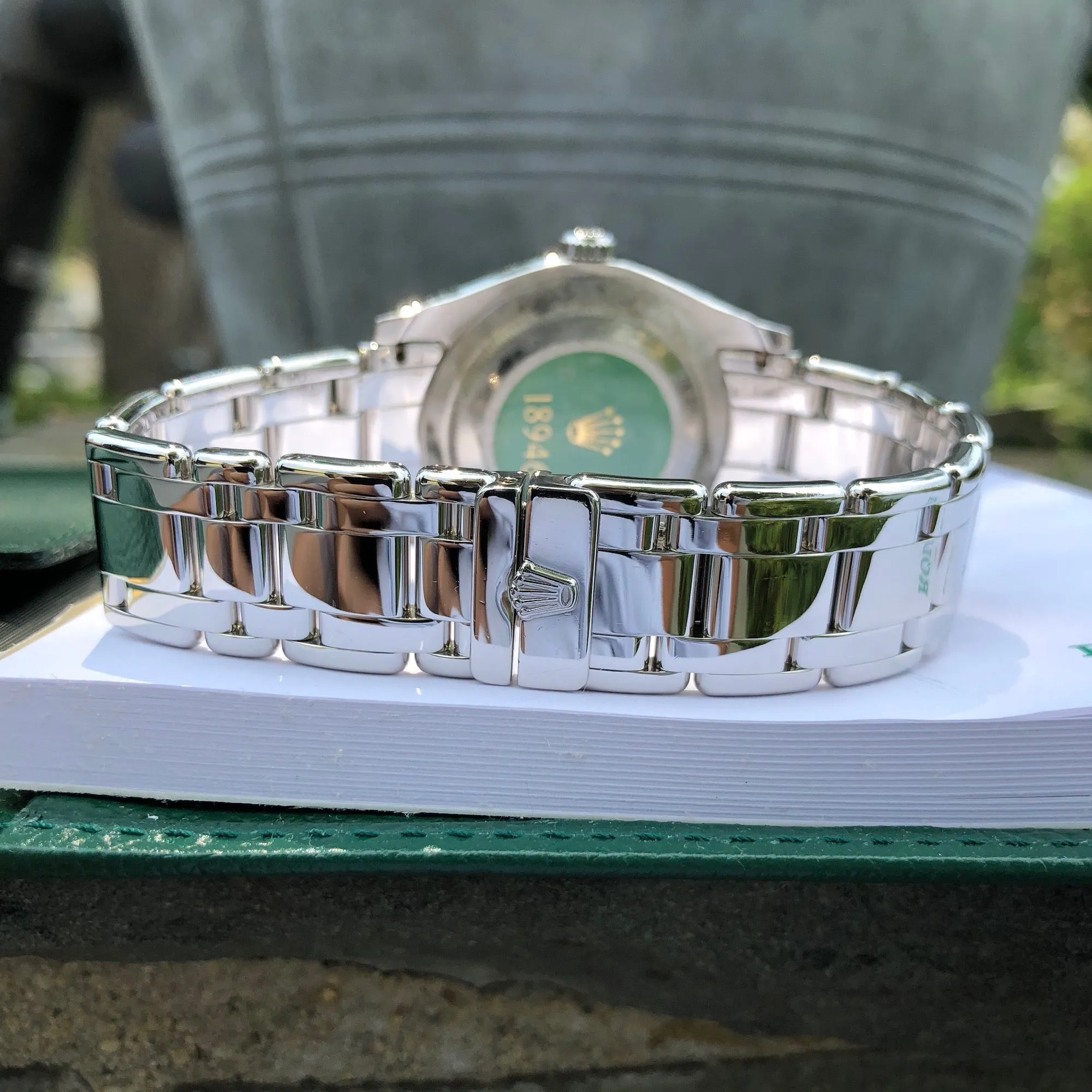 1999 Rolex Pearlmaster 18946 Platinum 39mm Rhodium Serti Diamond Day Date Wristwatch Box & Papers