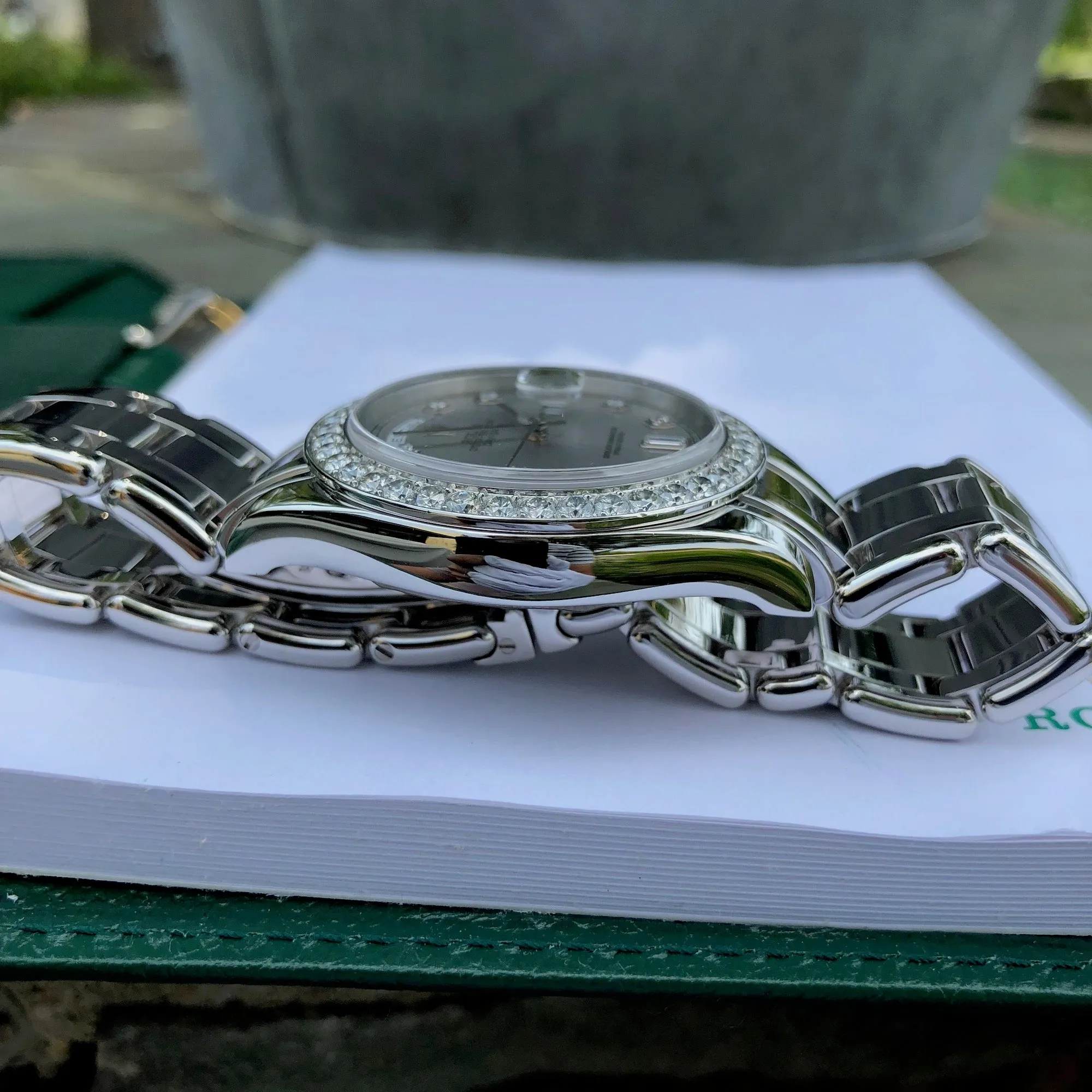 1999 Rolex Pearlmaster 18946 Platinum 39mm Rhodium Serti Diamond Day Date Wristwatch Box & Papers