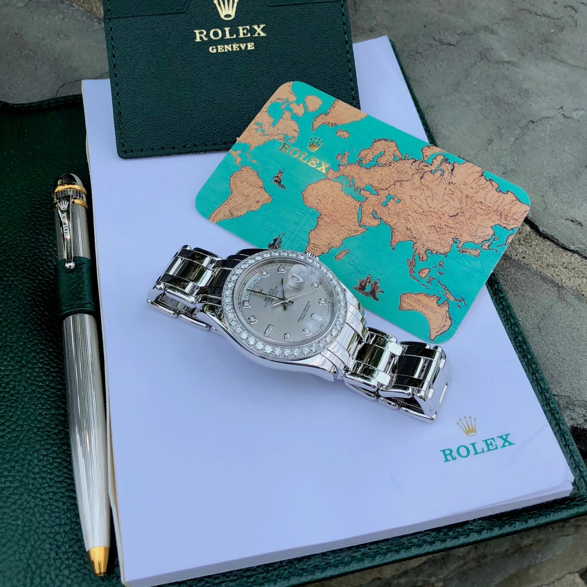 1999 Rolex Pearlmaster 18946 Platinum 39mm Rhodium Serti Diamond Day Date Wristwatch Box & Papers