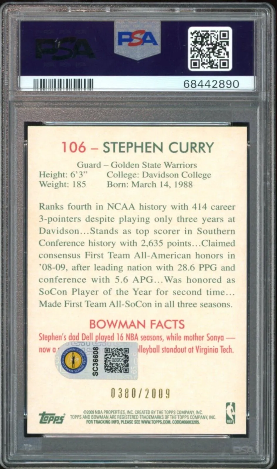 2009 Bowman '48 /2009 Stephen Curry RC Baby Faced Assassin On Card PSA 9/10 Auto