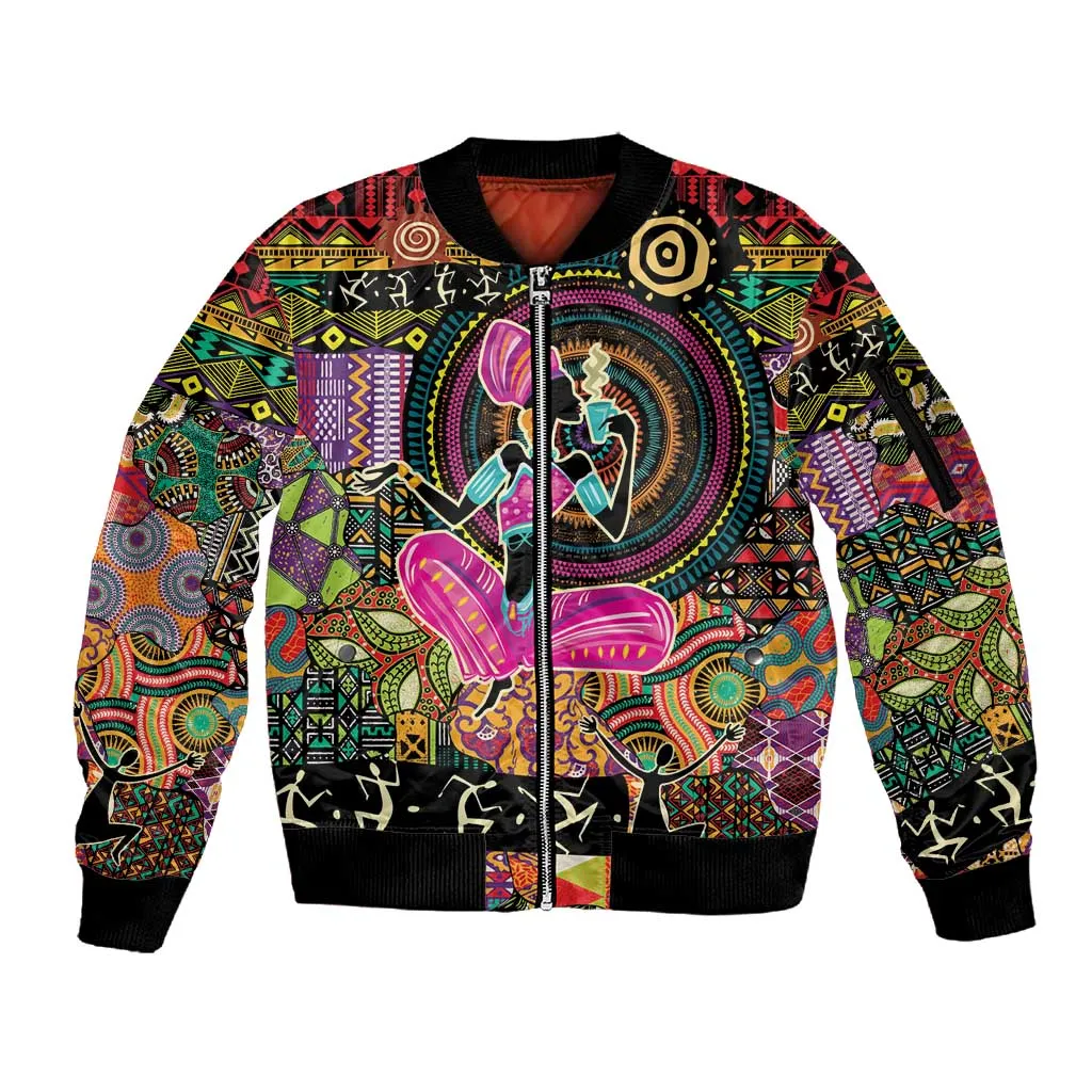 African Women Ethnic Motifs Sleeve Zip Bomber Jacket LT9