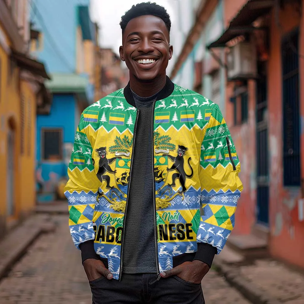 Afro Gabon Christmas Sleeve Zip Bomber Jacket Joyeux Noel Coat Of Arms - African Pattern LT14