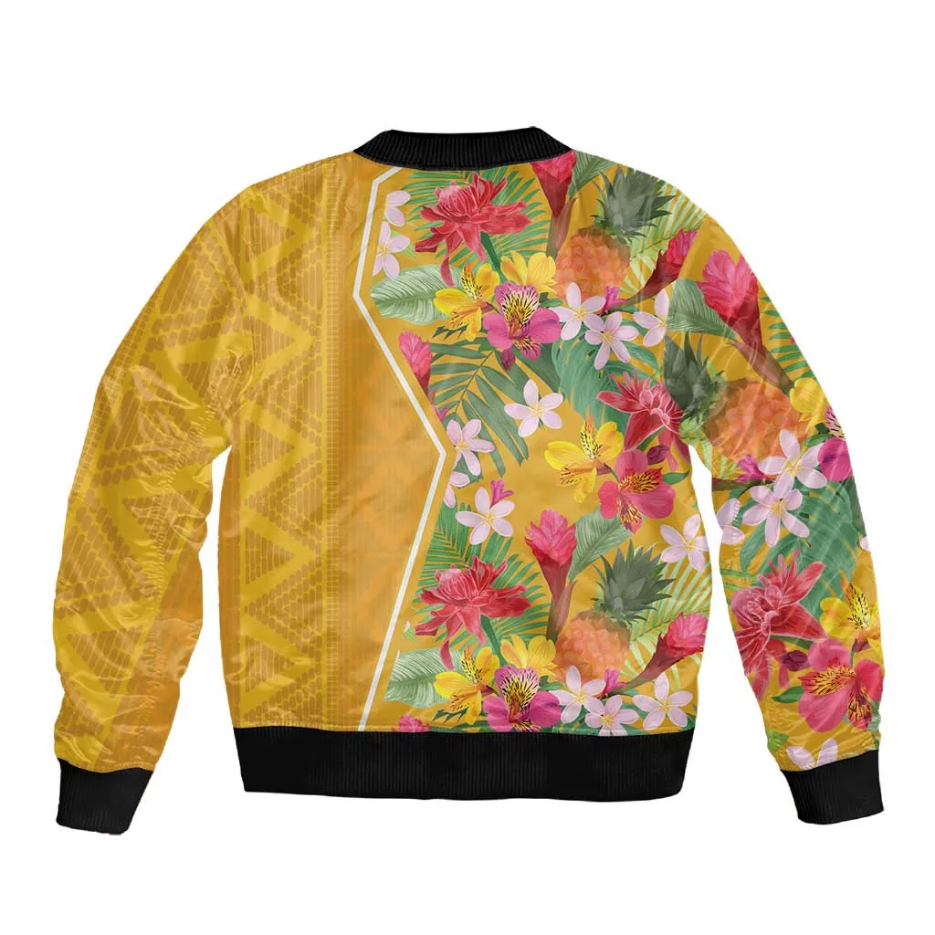 Afro Tropical Flowers Sleeve Zip Bomber Jacket Yellow Version LT18