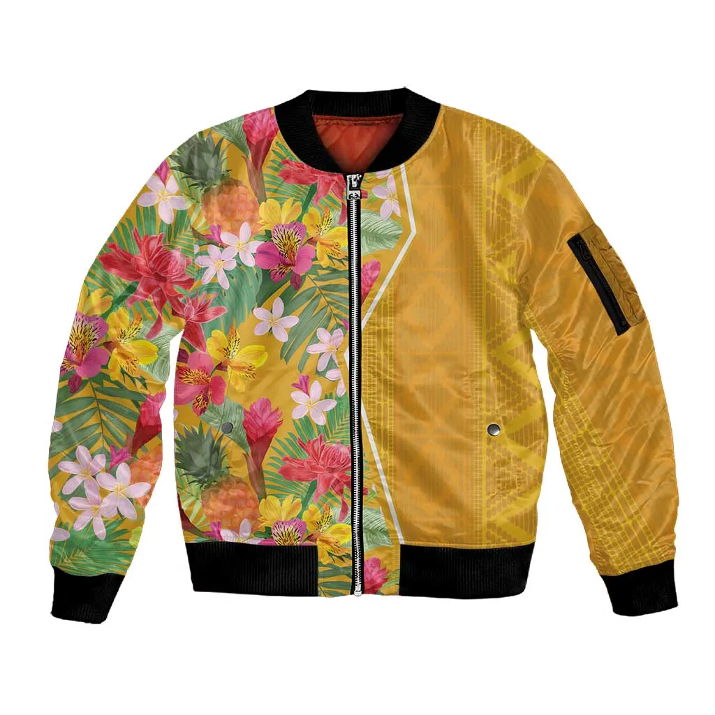 Afro Tropical Flowers Sleeve Zip Bomber Jacket Yellow Version LT18