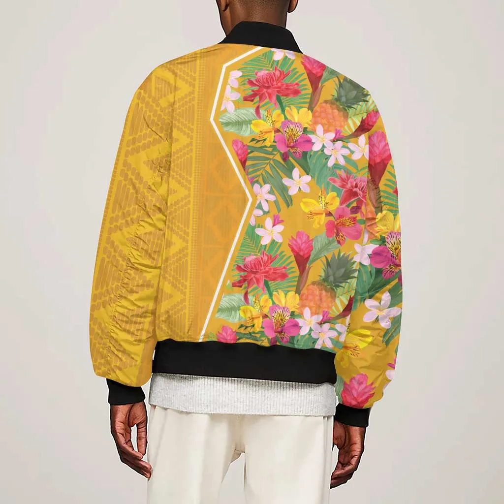 Afro Tropical Flowers Sleeve Zip Bomber Jacket Yellow Version LT18