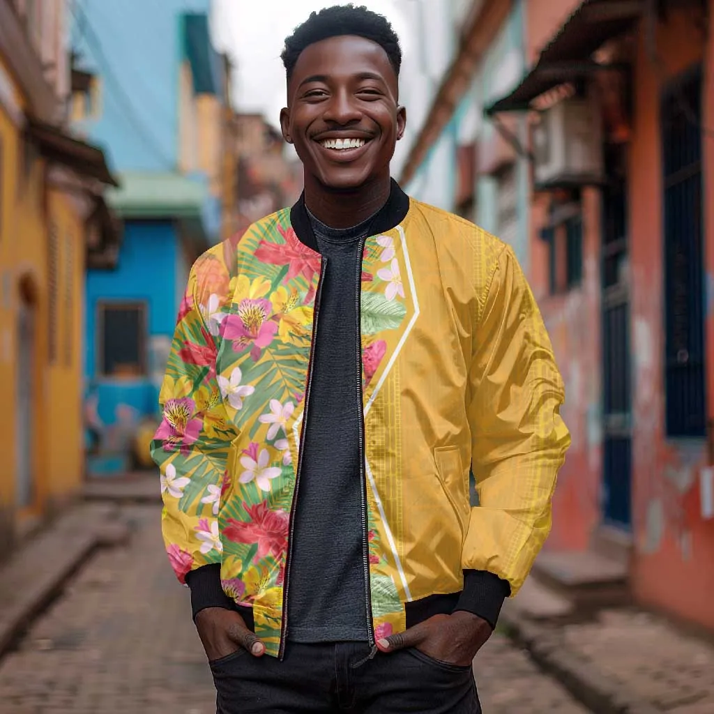 Afro Tropical Flowers Sleeve Zip Bomber Jacket Yellow Version LT18