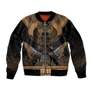 Ancient Egypt Scarab Beetle Sleeve Zip Bomber Jacket Hieroglyphs Alphabet Pattern LT18