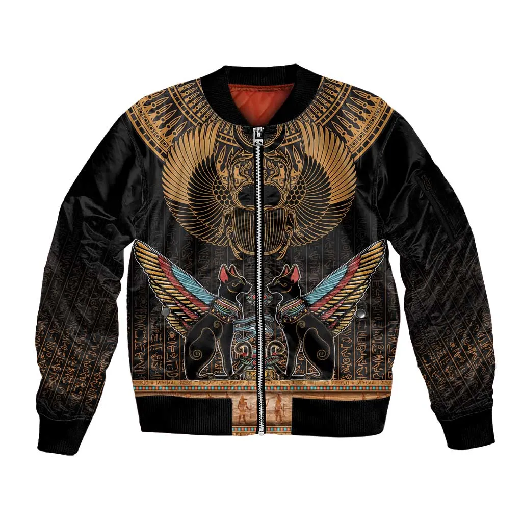 Ancient Egypt Scarab Beetle Sleeve Zip Bomber Jacket Hieroglyphs Alphabet Pattern LT18