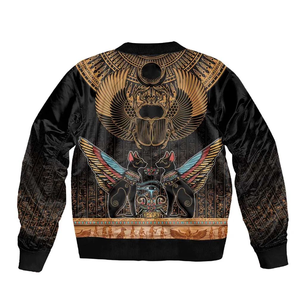 Ancient Egypt Scarab Beetle Sleeve Zip Bomber Jacket Hieroglyphs Alphabet Pattern LT18