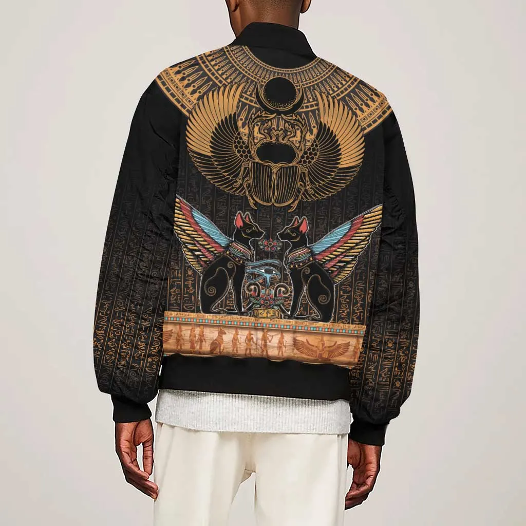 Ancient Egypt Scarab Beetle Sleeve Zip Bomber Jacket Hieroglyphs Alphabet Pattern LT18