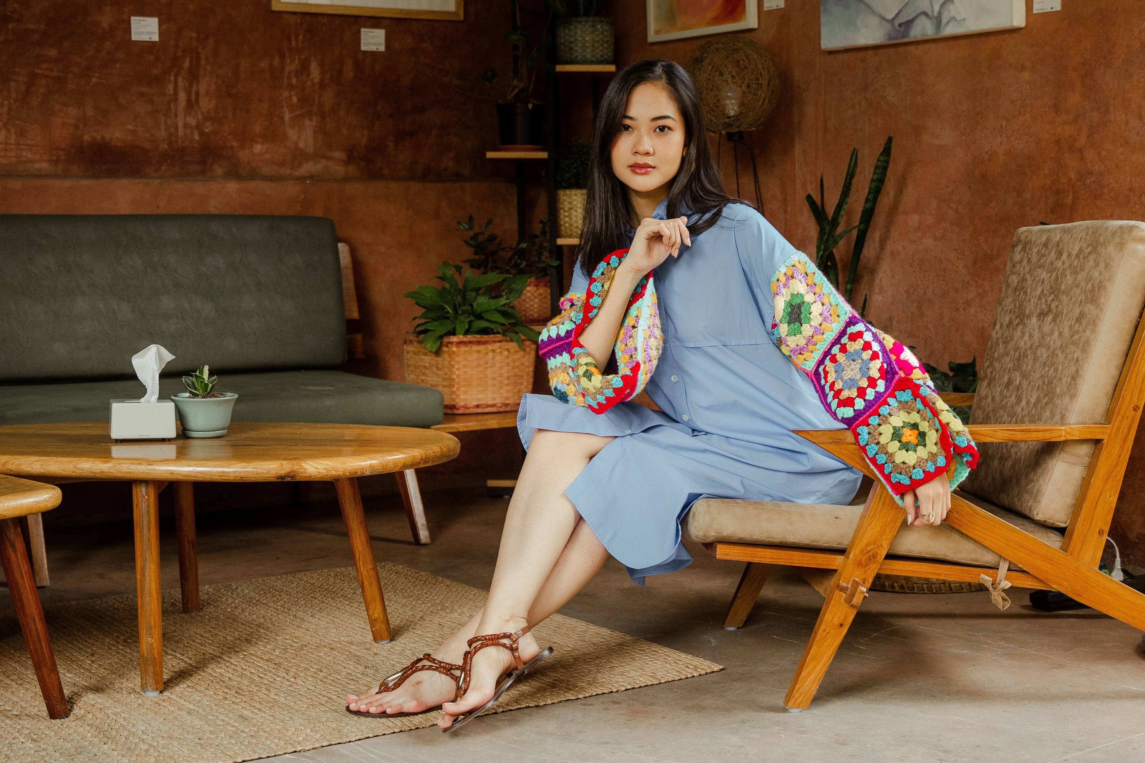 Aqua Oversized Shirt with Multicolour Sleeves