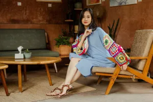 Aqua Oversized Shirt with Multicolour Sleeves