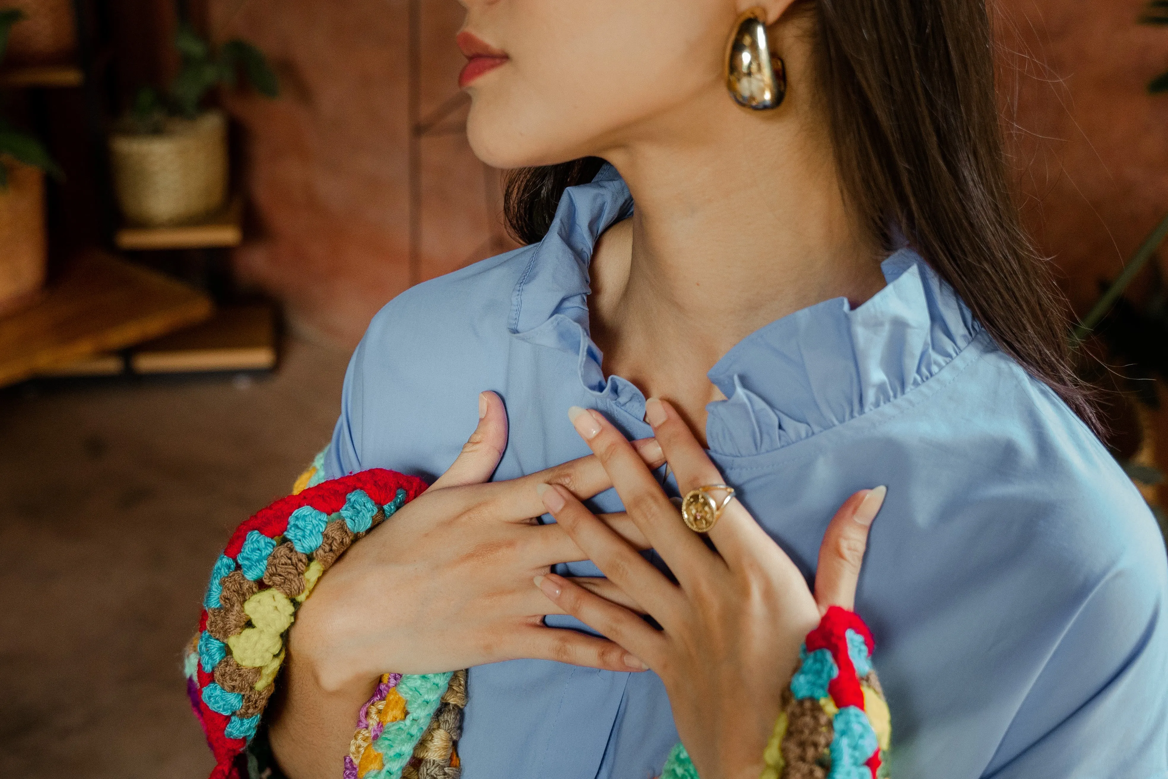 Aqua Oversized Shirt with Multicolour Sleeves