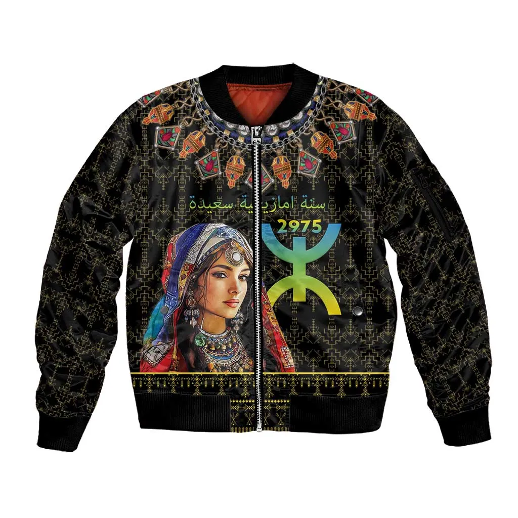 Assegwas Ameggaz Yennayer Sleeve Zip Bomber Jacket Women Amazigh - Berber Pattern LT15
