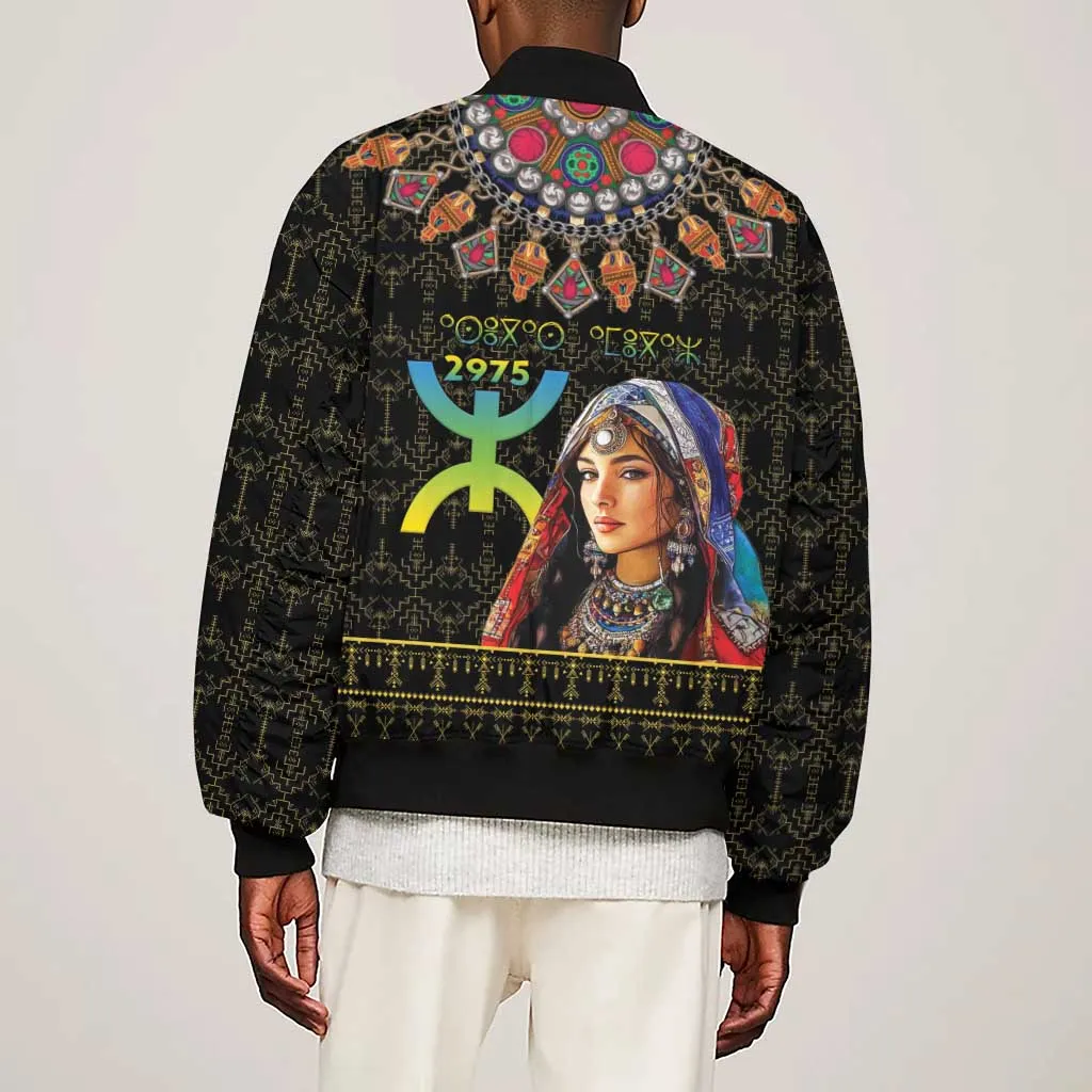Assegwas Ameggaz Yennayer Sleeve Zip Bomber Jacket Women Amazigh - Berber Pattern LT15