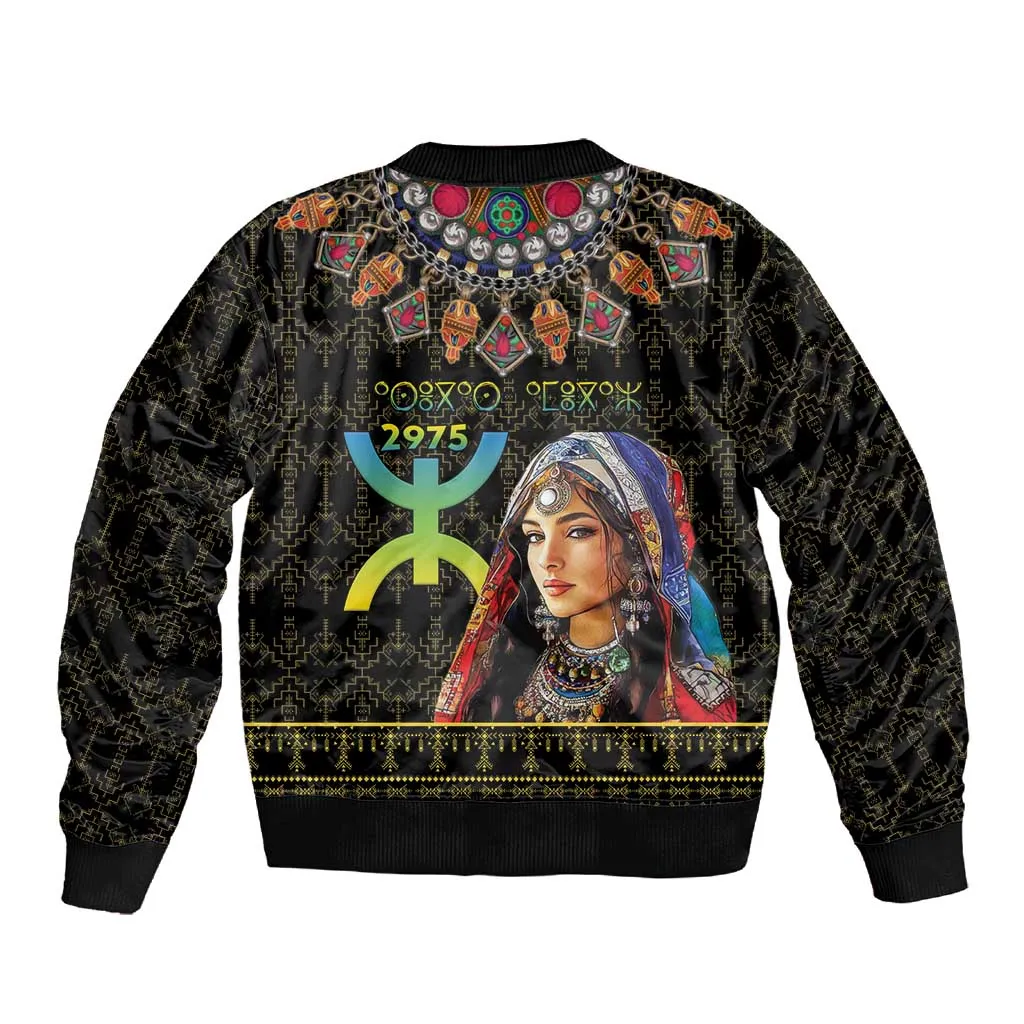 Assegwas Ameggaz Yennayer Sleeve Zip Bomber Jacket Women Amazigh - Berber Pattern LT15