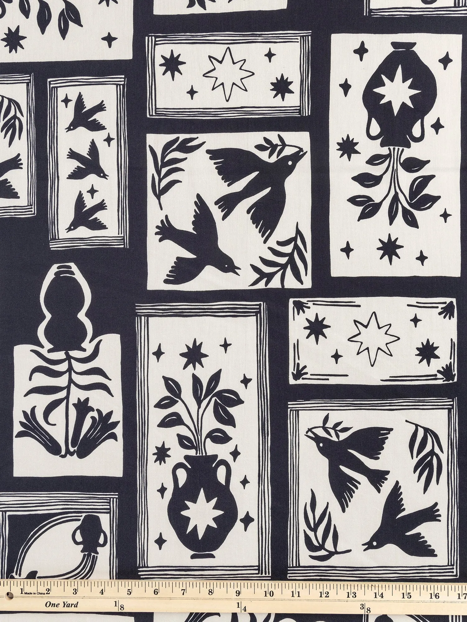 Birds & Vases Gallery Print Cotton Lawn - Black   Cream