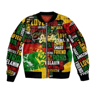 Black History Month Africa Sleeve Zip Bomber Jacket Strength Love and Justice Typography DT02
