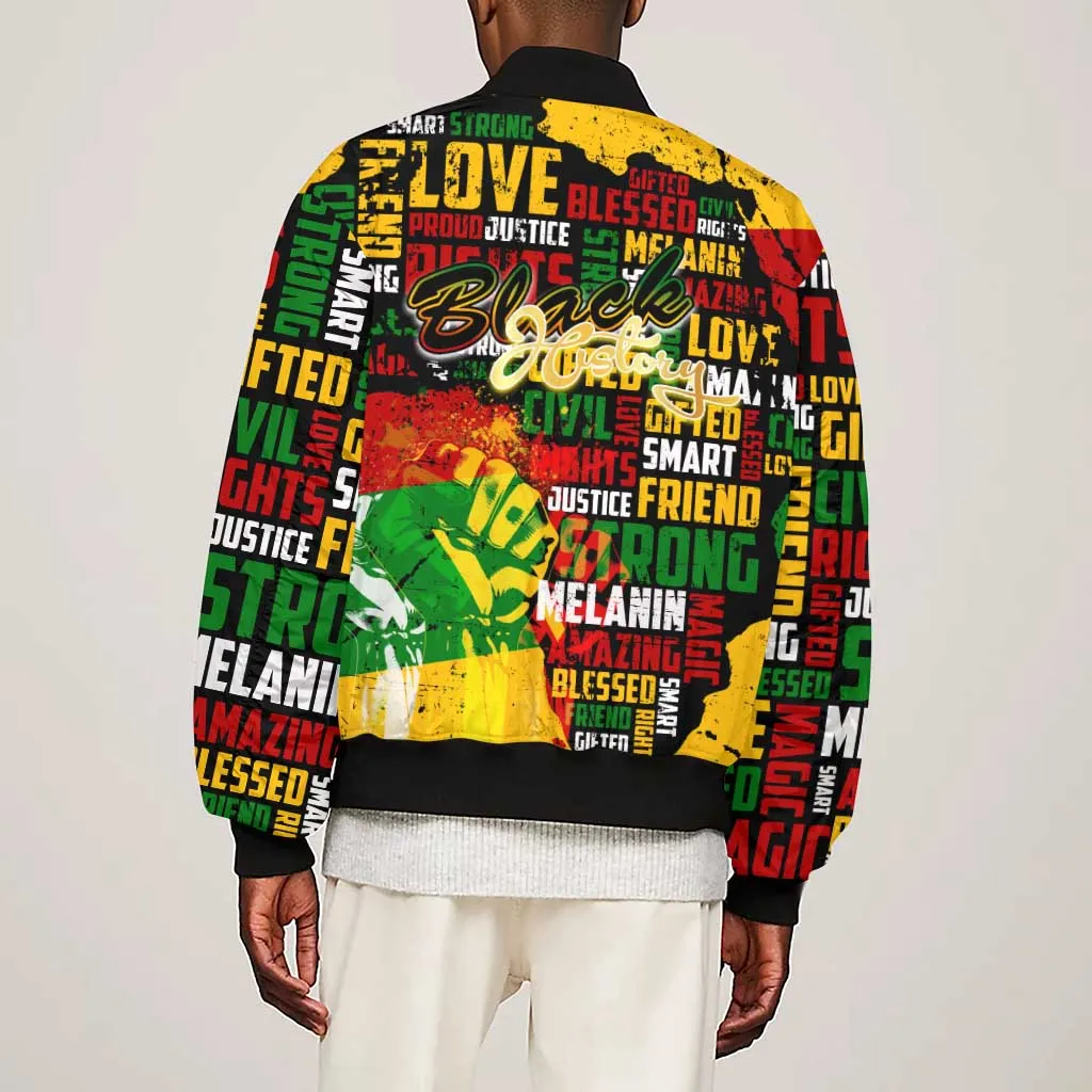 Black History Month Africa Sleeve Zip Bomber Jacket Strength Love and Justice Typography DT02