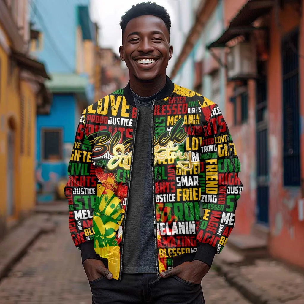 Black History Month Africa Sleeve Zip Bomber Jacket Strength Love and Justice Typography DT02