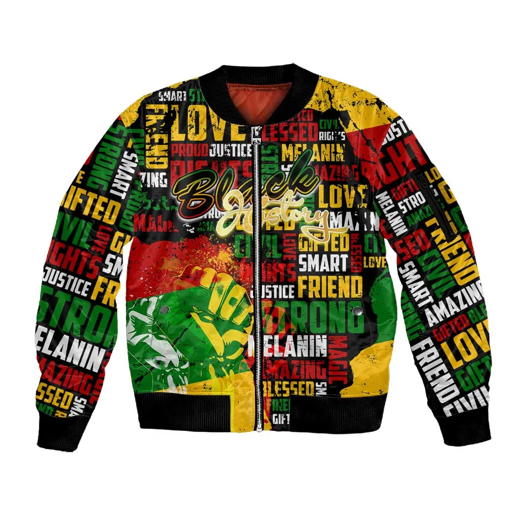 Black History Month Africa Sleeve Zip Bomber Jacket Strength Love and Justice Typography DT02
