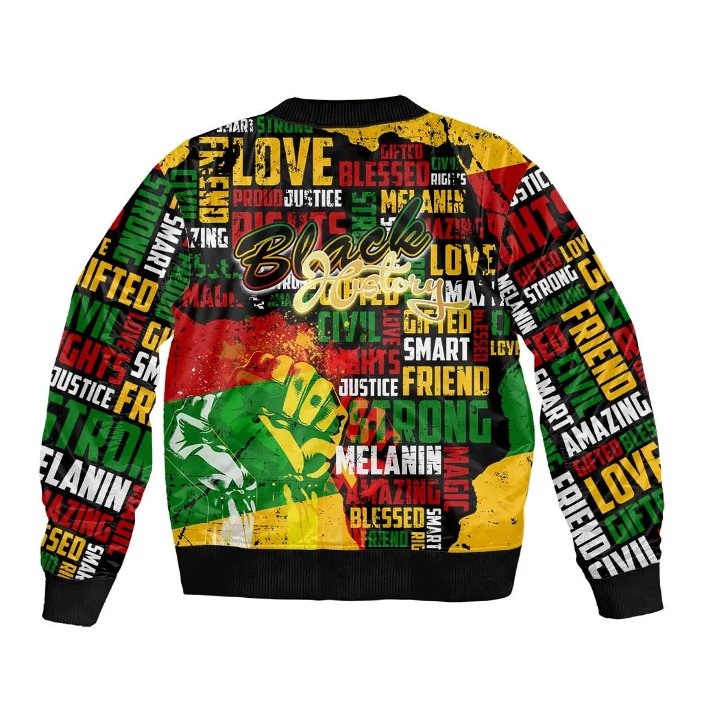 Black History Month Africa Sleeve Zip Bomber Jacket Strength Love and Justice Typography DT02