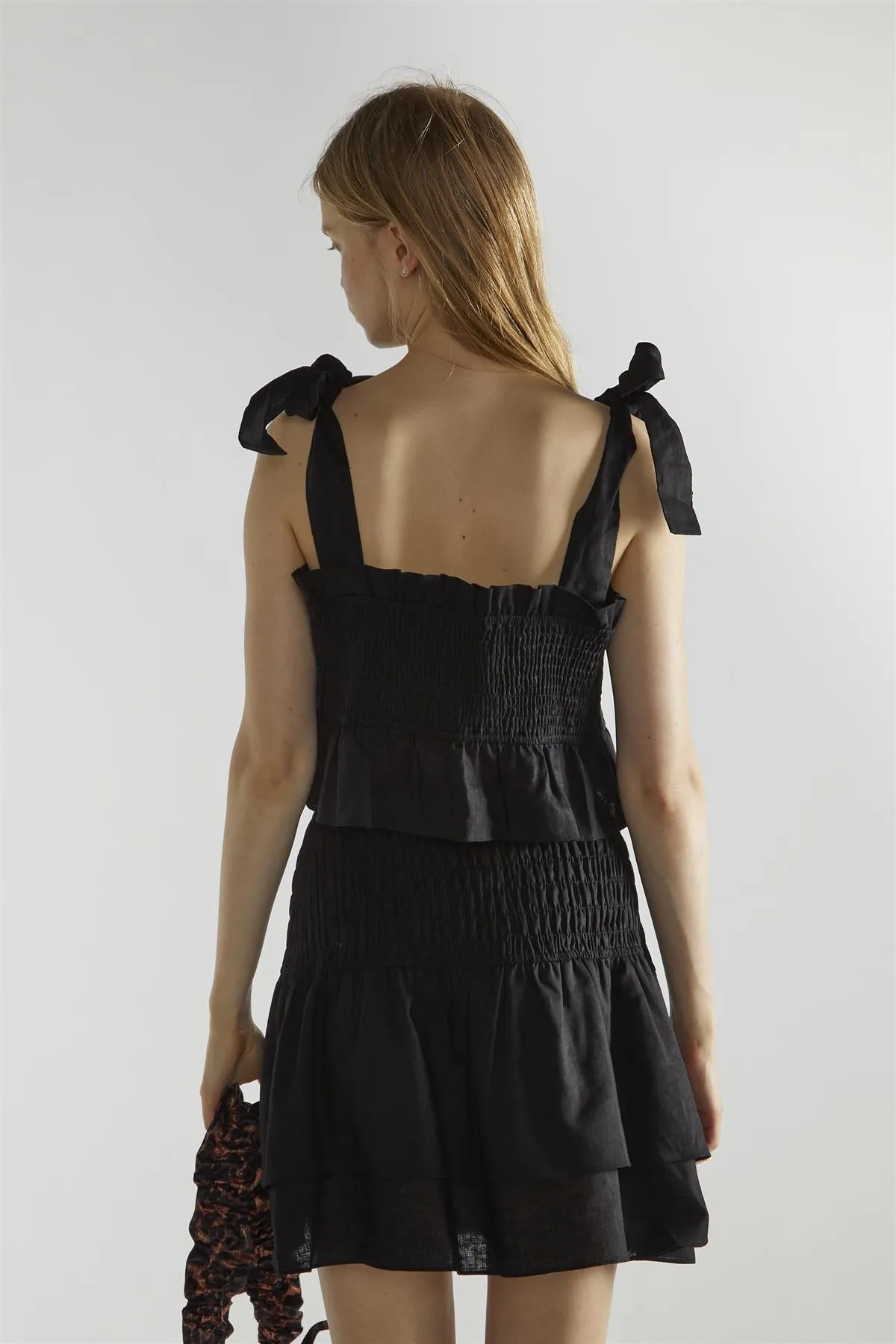 Black Shirred Layered Mini-Skirt