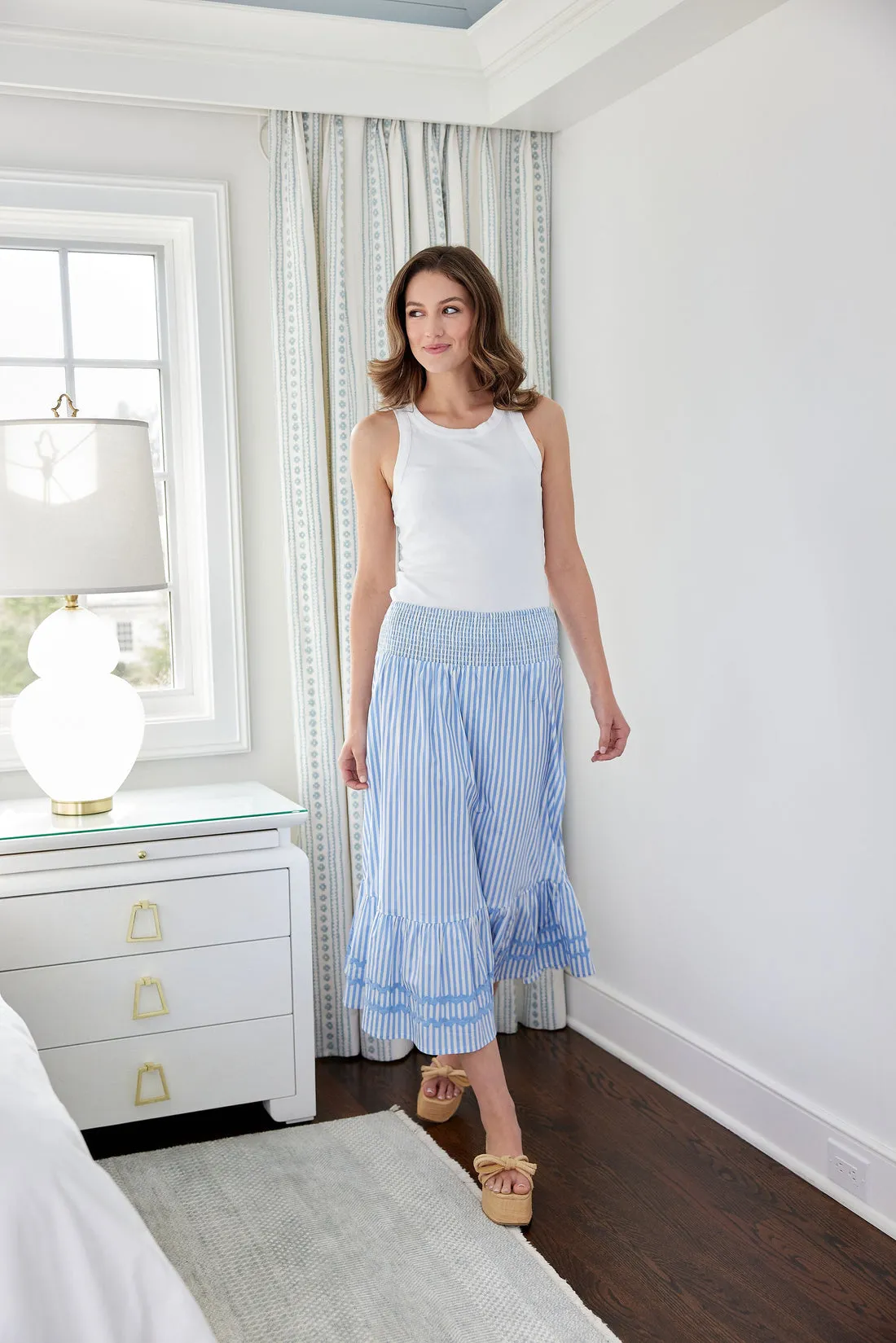 Blue & White Stripe Smocked Waist Midi Skirt by Sail to Sable