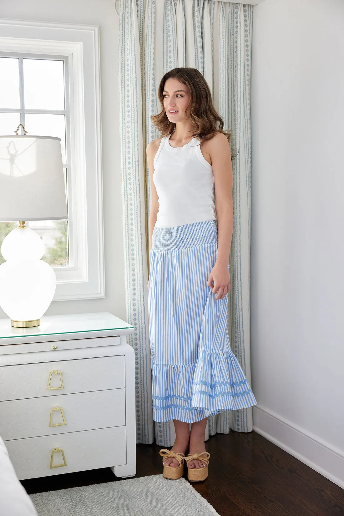 Blue & White Stripe Smocked Waist Midi Skirt by Sail to Sable