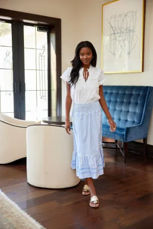 Blue & White Stripe Smocked Waist Midi Skirt by Sail to Sable