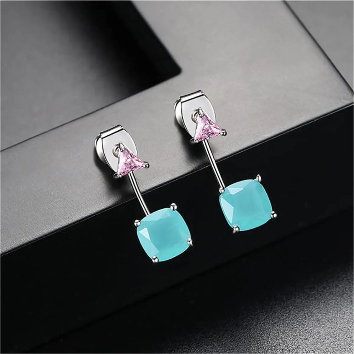 Blue Crystal & Silver-Plated Triangle Ear Jackets