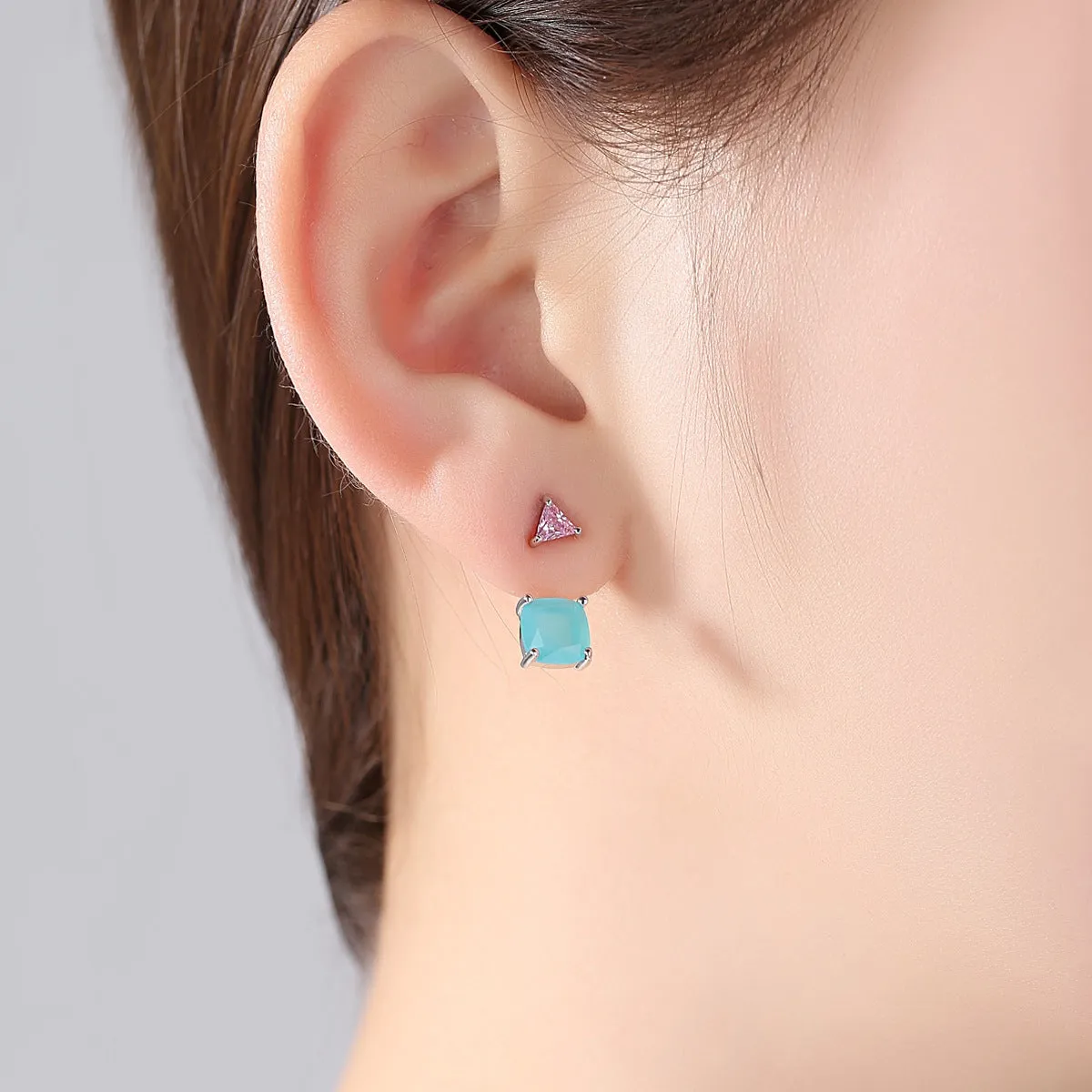 Blue Crystal & Silver-Plated Triangle Ear Jackets