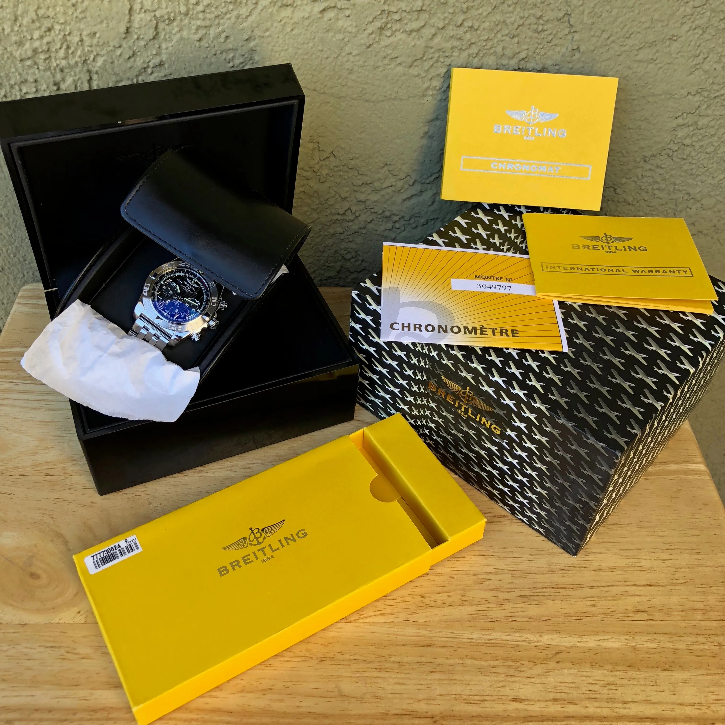 Breitling Chronomat AB0110 Stainless Steel Black Chronograph Wristwatch Box Papers