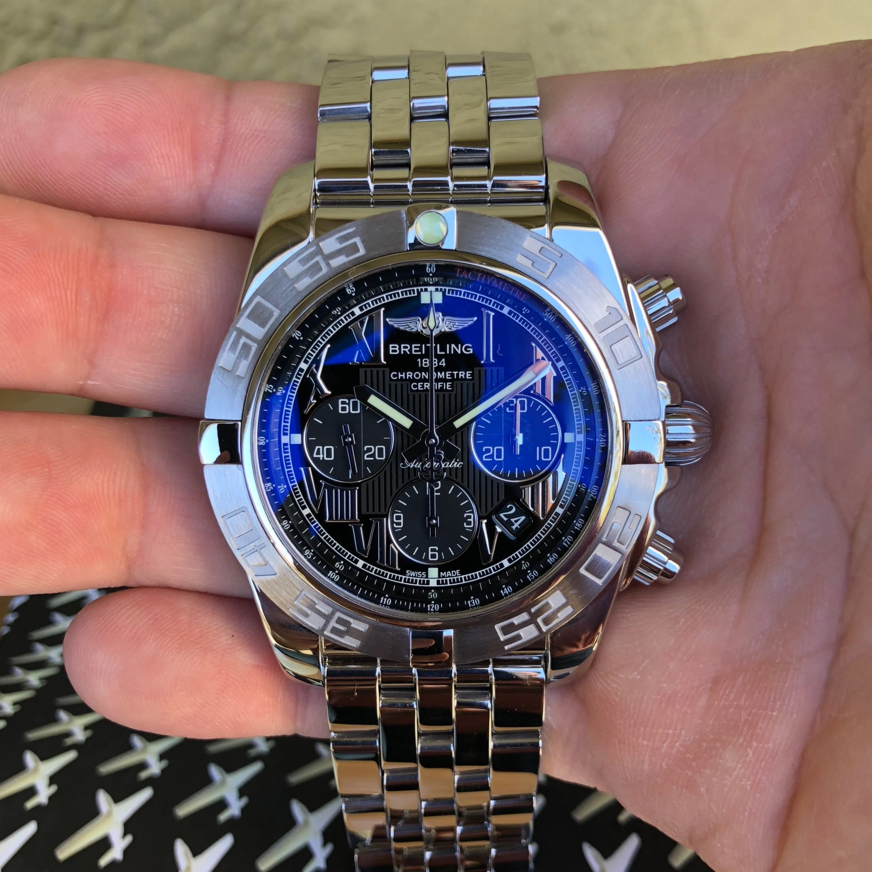 Breitling Chronomat AB0110 Stainless Steel Black Chronograph Wristwatch Box Papers