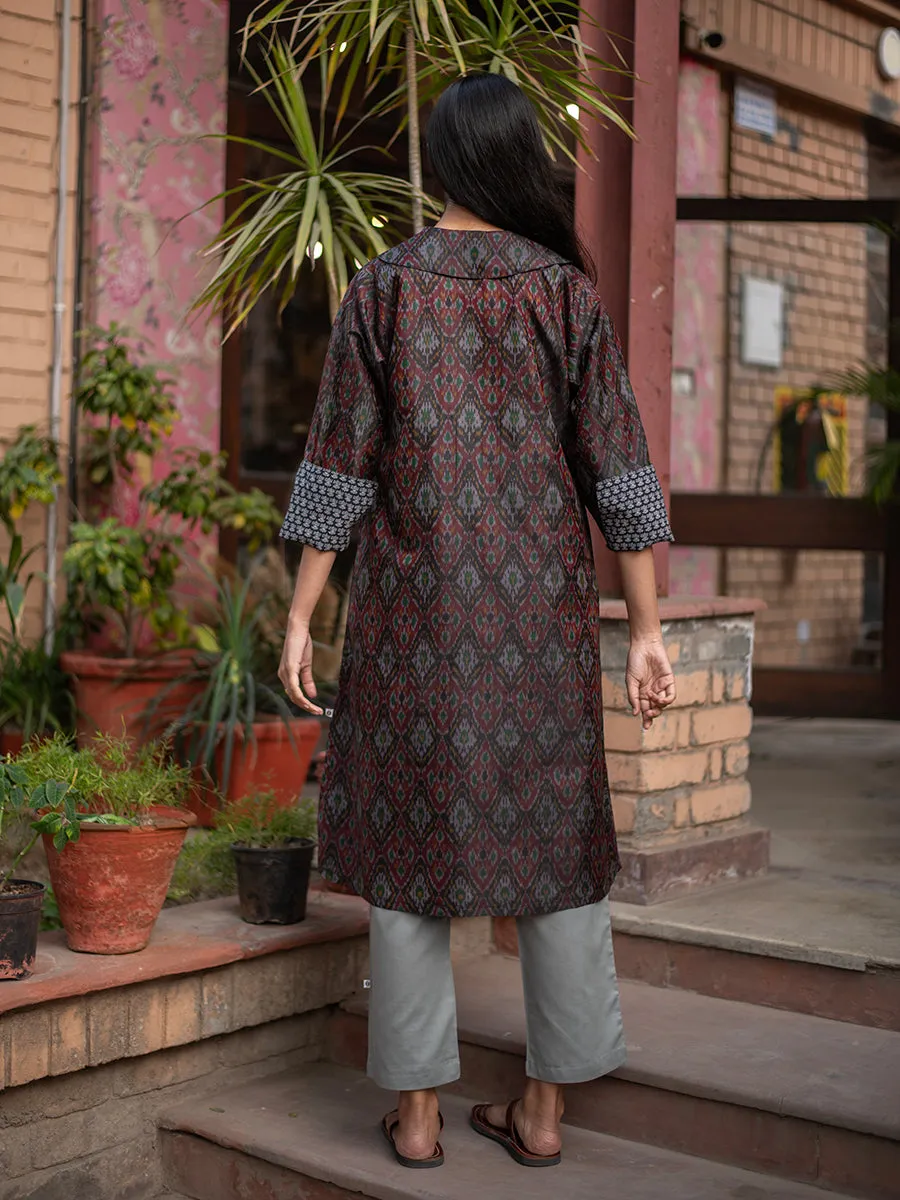 Brown Wrap Jacket : Ikat Silk