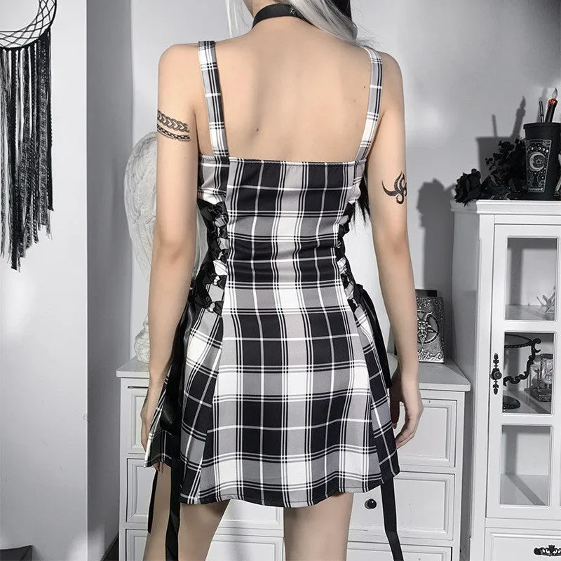 Check Drawstring Zipper Suspender Dress ER5722