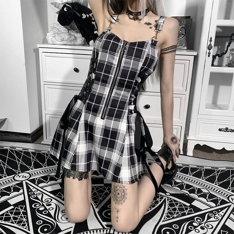 Check Drawstring Zipper Suspender Dress ER5722