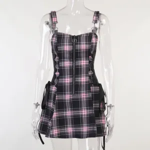 Check Drawstring Zipper Suspender Dress ER5722