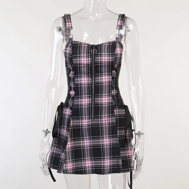Check Drawstring Zipper Suspender Dress ER5722