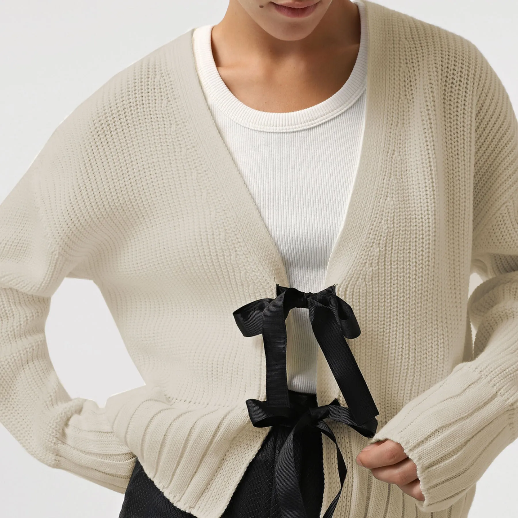 Chic Bow-Tie Front Cropped Sweater Cardigan for Effortless Elegance