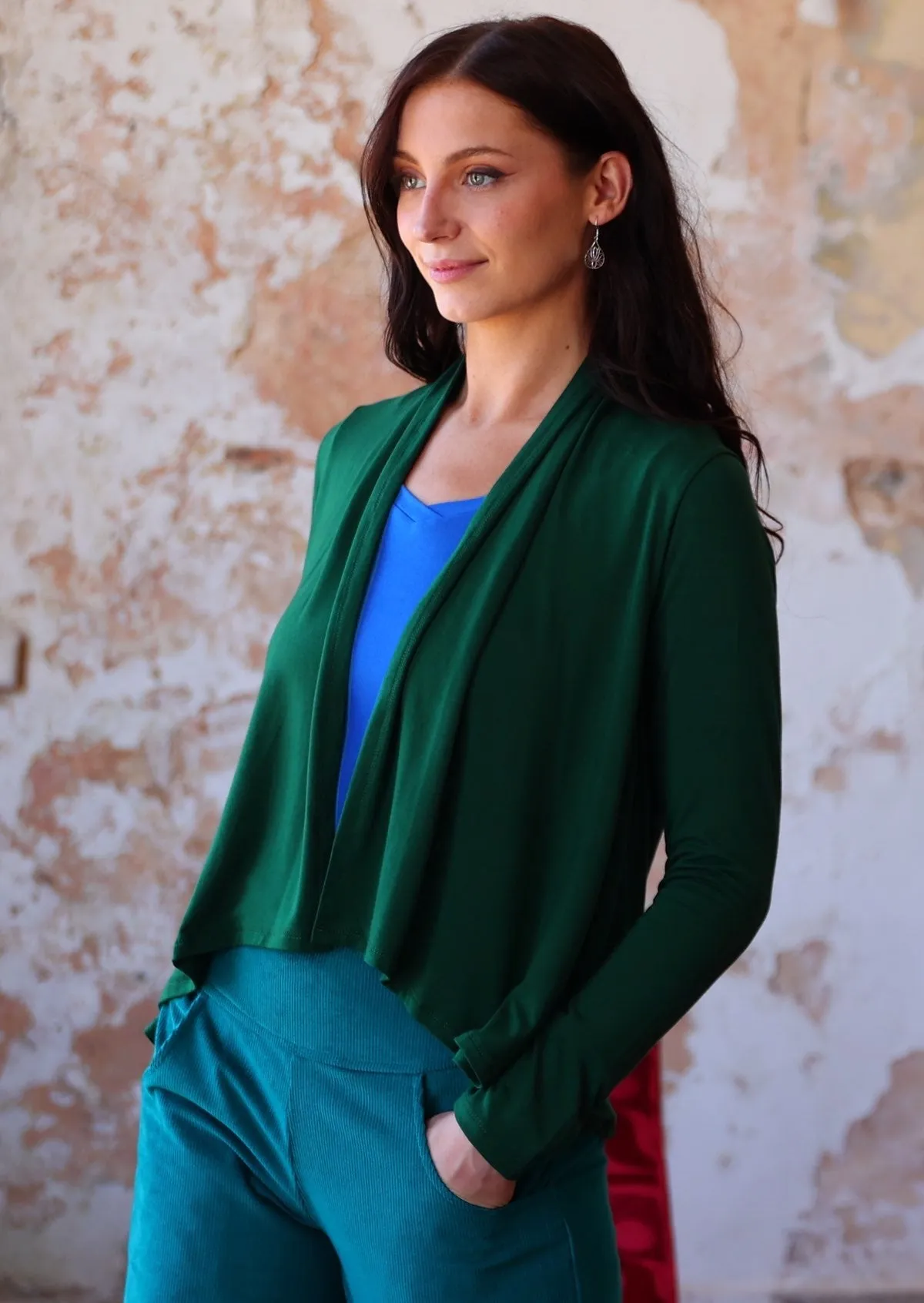 Cropped Waterfall Cardi Dark Forest Green