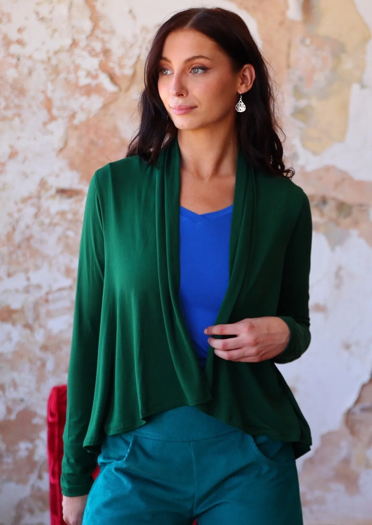 Cropped Waterfall Cardi Dark Forest Green
