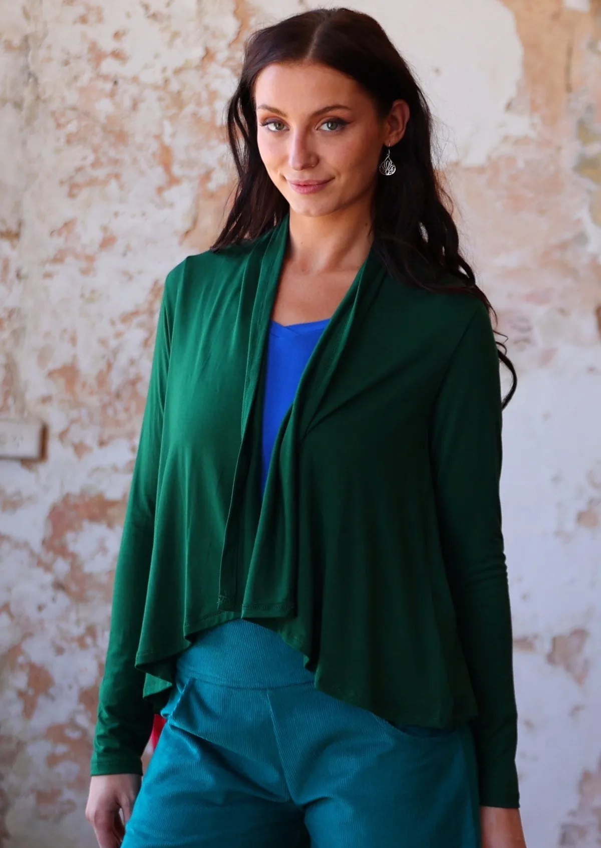 Cropped Waterfall Cardi Dark Forest Green